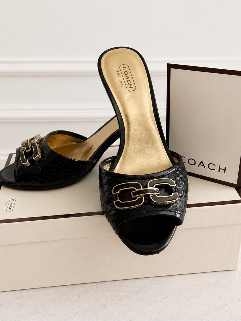 Coach Black/Hazel Patent Mule Sandals with Gold Logo Accent